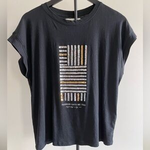 SFERA Black Short-Sleeve Cotton Tee with Silver and Gold Sequins